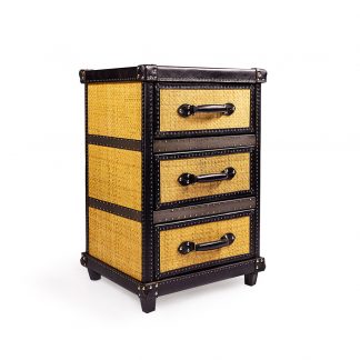 Velador de rattan y cuero (3 cajones)